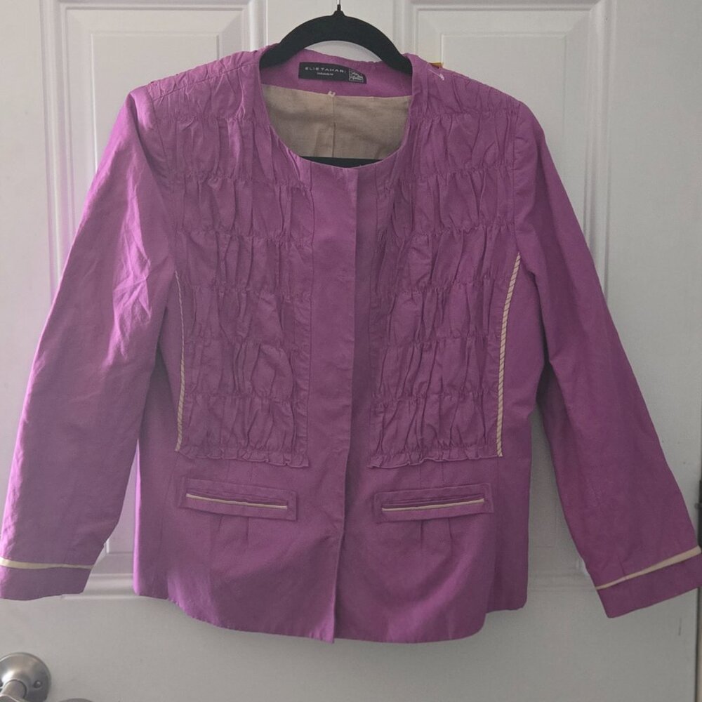 Elie Tahari Women's Blazer Jacket Purple Long Sleeves Collarless Ruched size M